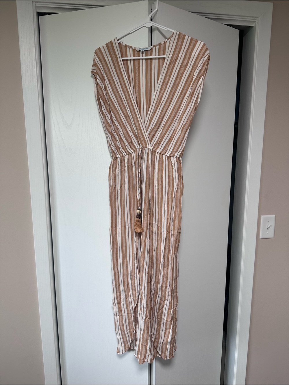 Striped Beige and White Sleeveless Dress